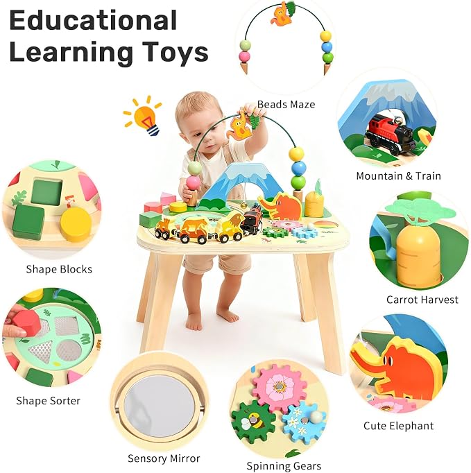 WINGYZ Activity Table for 1 Year Old Toddler, 9-in-1 Multi-Colorful Wooden Montessori Toys, Baby Play Table with Bead Maze Shape Sorter Train Toy, Educational Gifts for 12 Months+ Kids Boys Girls