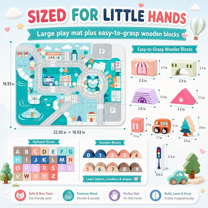 Migargle Wooden Building Blocks Set, 115 Pcs City Construction Stacker Stacking Preschool Learning Educational Toys, Toddler Toys for 3+ Year Old Boy and Girl Gifts