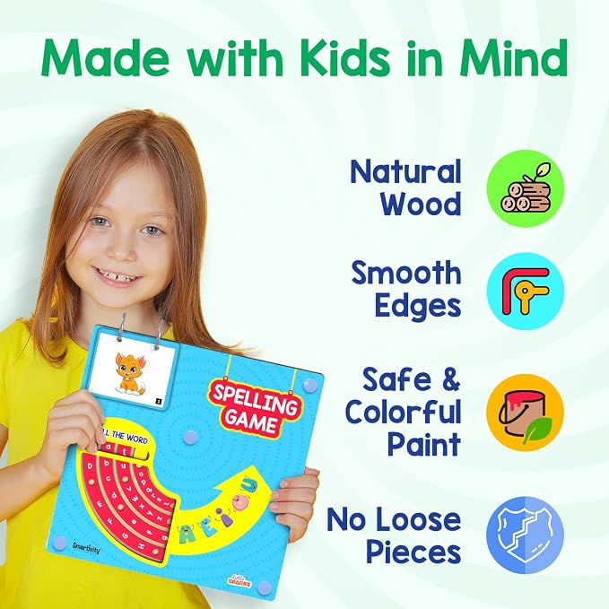 Smartivity Spelling Game for Kids Ages 4, 5, 6, 7, 8 Years Old | Wooden Phonics & CVC Word Learning Toy | Early Vocabulary Building Toy for Preschool Kindergarten | Screen for Boys & Girls