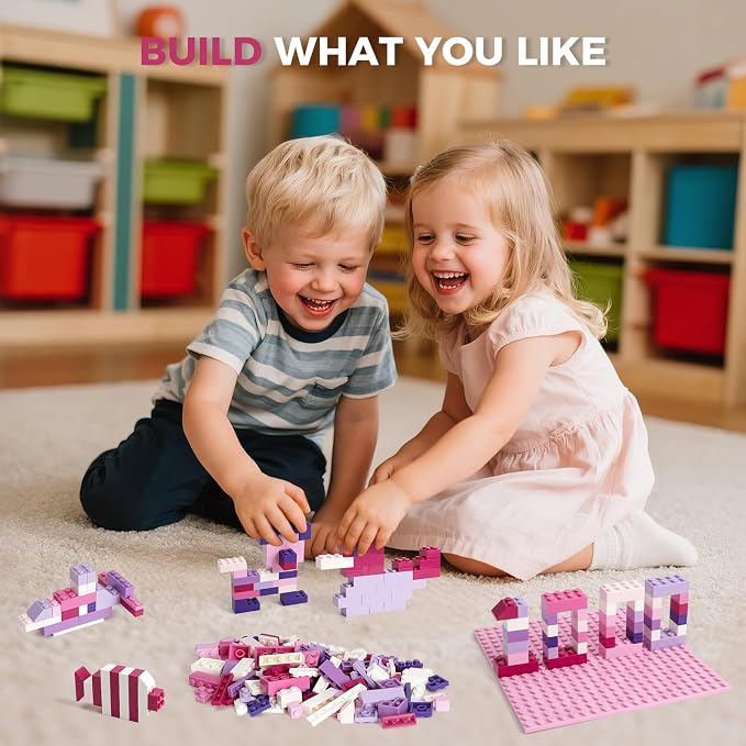 HUIZDQ 1000 Pieces Classic Building Bricks, Classic Stackable Base Plates, 3 6.3" x 6.3" White, Pink and Purple Base Plates, Compatible with All Major Brands, Toys for Ages 6-7-8-13 Girls