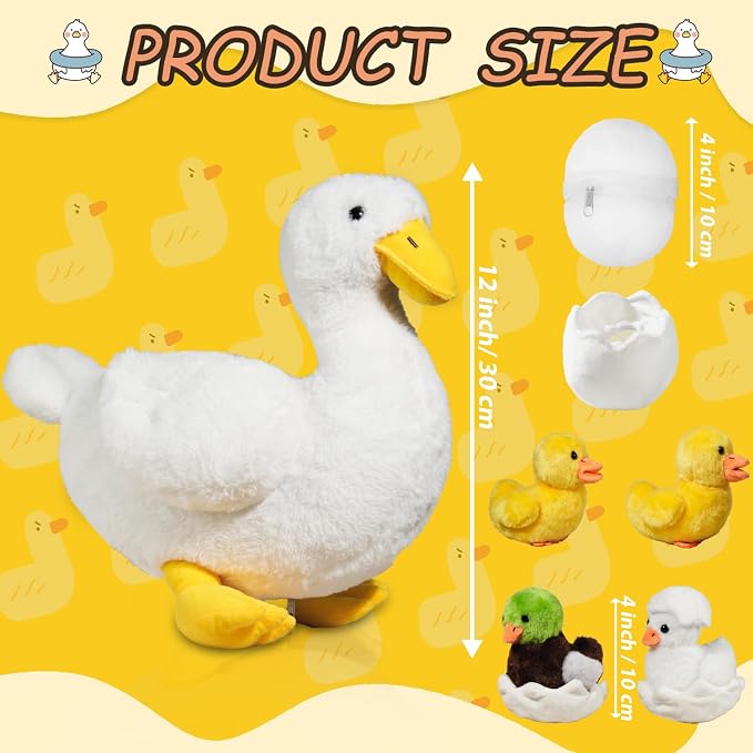 7 in 1 Duck Stuffed Animal, 12" Zippered Mommy Stuffed White Duck Plush Toy with 4 Baby Ducklings and Eggs, Soft Duck Plushie Pillow for Kids Christmas Birthday Gift Farm Party