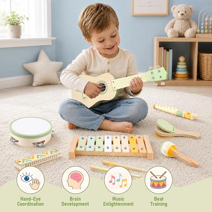 Kids Guitar Set - 8 in 1 Toddler Musical Instruments, Montessori Wooden Baby Ukulele Xylophone Tambourine Maracas Flute, Toy Guitar for Toddler 1-3, Mini Guitar Set Toddler Gifts for 2 Year Old