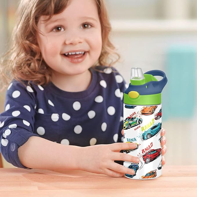 Boccsty Bright Race Car Truck Kids Water Bottle with Straw Lid Sport Cars Insulated Stainless Steel Reusable Tumbler for Boys Girls Toddlers 12 oz Green