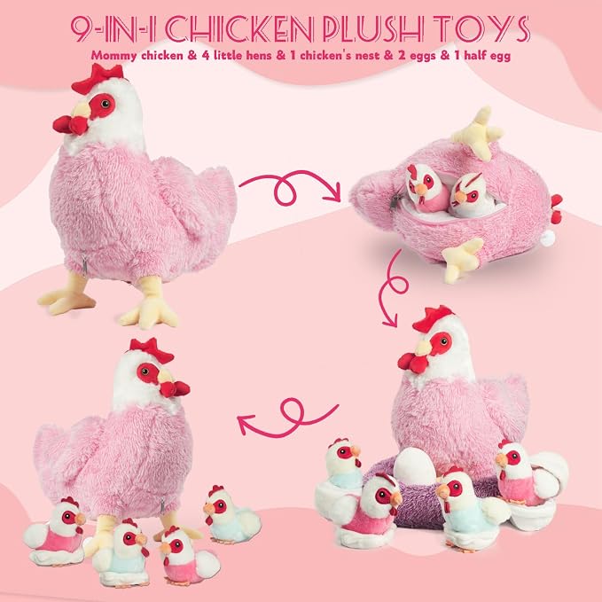 9 in 1 Chicken Stuffed Animal Set, Zippered Stuffed Chicken Plush Toys for Kids Egg Laying Hen with Coop, Plush Chickens and Eggs, Pink Chicken Toys for Kids Christmas Birthday Gifts Party Decor