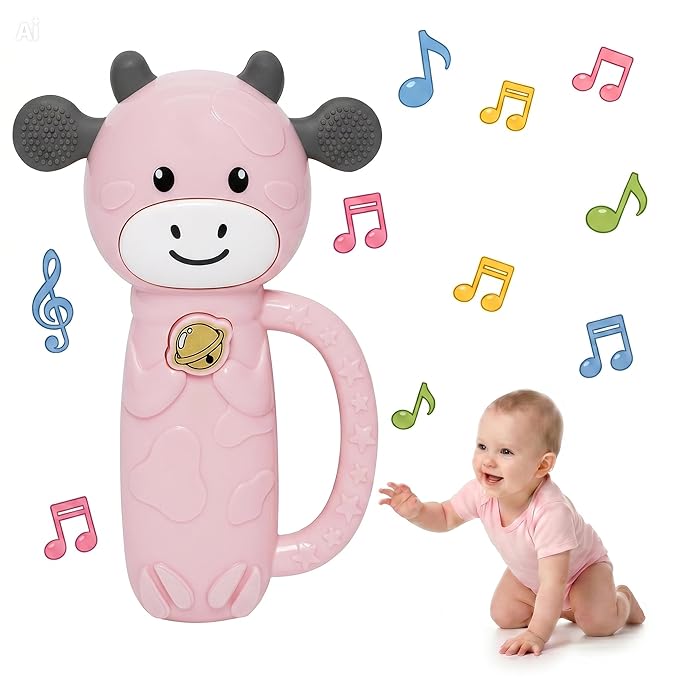 MooMoo Baby Musical Toy, 4‑in‑1 Light‑Up Sensory Toy & Teether for 3–24 Month Babies, BPA‑Free with Easy‑Grip Handle, Cute Cow‑Shaped Travel Toy for Car Seat & Stroller (Pink)