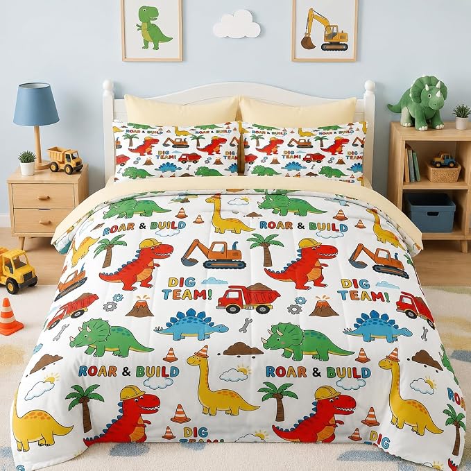 Nesker Dinosaur Comforter Set Twin Size, 5 Pieces Bed in a Bag, Dinosaur Cartoon Bedding Set for Boys, Construction Truck Excavator Comforter Set with 1 Pillowcase & 1 Sham