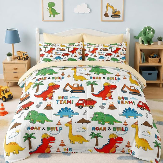 Nesker Dinosaur Comforter Set Twin Size, 5 Pieces Bed in a Bag, Dinosaur Cartoon Bedding Set for Boys, Construction Truck Excavator Comforter Set with 1 Pillowcase & 1 Sham