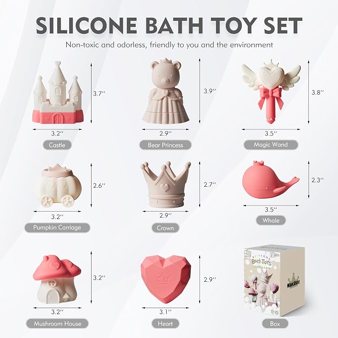 MarcZero Princess Silicone Bath Toys 8Pcs for Toddlers Kids Babies,Bathtub Water Toys,Soft Squeezable Easy-Grip Pool Toys Set (Peach Pink)