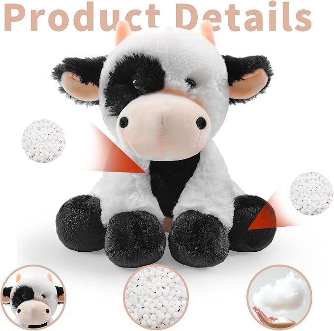 Plush Cow Sitting Toys Stuffed Animal, Realistic Cow Stuffed Animal Toy Characters Stuffed Filled in Limbs 8.5 Inch Soft Huggable Gifts for Kids with Stuffed Animals Birthday Gift for Girls Boys