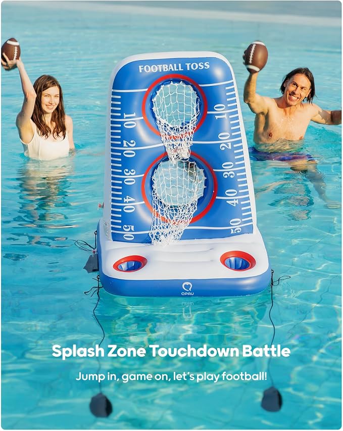 QPAU Inflatable Football Toss Game for Pool – Water Football Target with 4 Balls & 2 Pumps, Dual Net Design, Stable Base, Summer Pool Game for Kids & Adults (Blue+White)