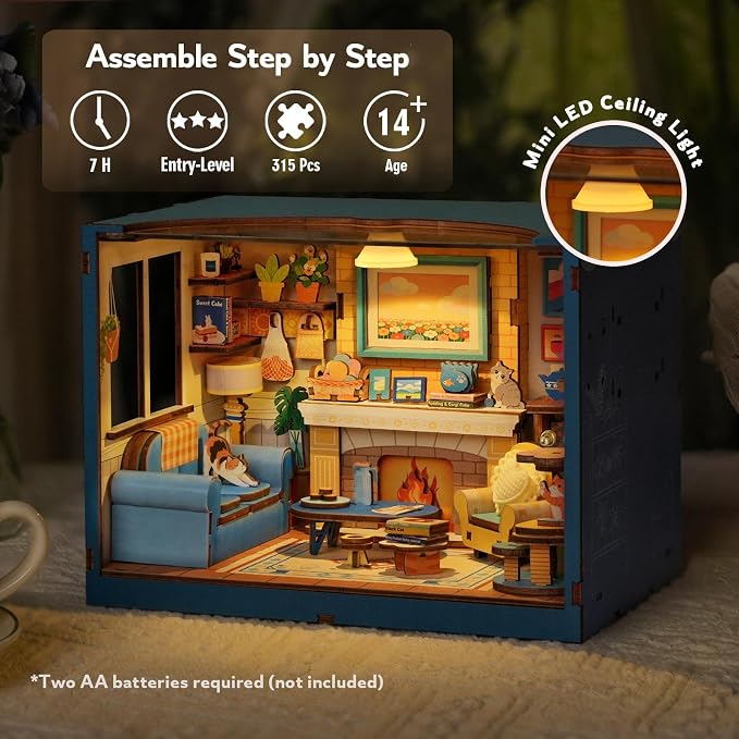 DIY Miniature House Kits-Living Room, 3D Wooden Puzzles with LED Light Tiny House Mini House Building Kit for Adults, Wooden Adults Crafts Home Decor Gifts for Parents Friends
