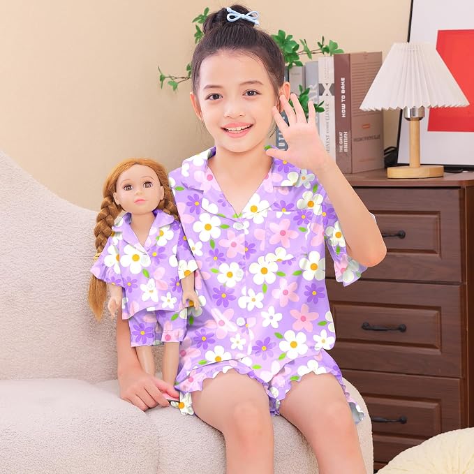 ICOSY Matching Doll & Girls Silk Pajamas Satin Pjs for Girls Button-Down Top and Shorts for 18" Doll Girl Clothes