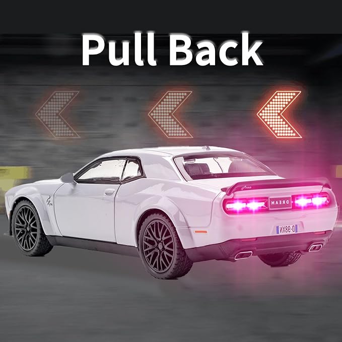 Toy Cars 1/32 Dodge Challenger Die Cast Metal Toy Cars Hellcat Toy Car with Sound and Light Pull Back Hellcat Car for 3+ Year Old Boys and Kids