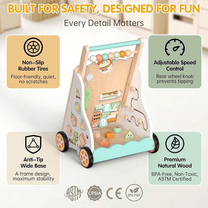 Wooden Baby Walker with Wheels, Push Walker with Baby Activity Center, Montessori Walking Toy for Girls Boys, Adjustable Speed & Height Activity Toy for Toddler Learning to Walk 12+ Months (Natural)