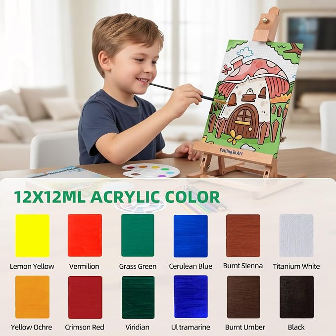 Falling in Art 52Pcs Acrylic Paint Set with Table Easel, Art Painting Kit with Acrylic Paints, Canvas Panels, Paintbrushes, Canvas Supplies Kit for Kids, Adults, Beginners, and Artists, Green