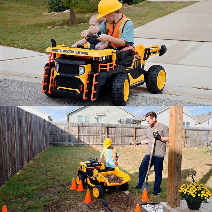 JOYRACER 24V 2 Seater Ride on Dump Truck w/400W Motors, Kids Ride On Car w/20'' Seat, Parent Remote, Electric Construction Vehicle w/Dump Bed & Shovel, 5Mph Max, Power Car Wheelers for Kids, Yellow