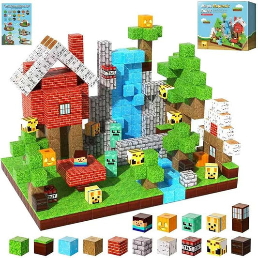 100PCS Magnetic Blocks Forest World Set - Build Mine Red House Waterfall Scene with Magnetic Cubes, STEM Educational Toys for Toddlers 3+, Creative Magnet Tiles Gifts for Boys & Girls
