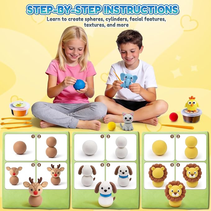 Air Dry Clay Kit for Kids, Animal Modeling Clay, DIY Model Magic with Sculpting Tools and Tutorial Cards