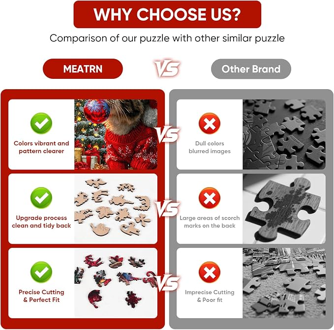 MEATRN Christmas Hat Cat Jigsaw Puzzles - 490 Pcs Handmade Wooden Puzzle with Unique Shapes, Stress Relief & Educational Fun, Family Game Night 13.4×18.3 Inch, Best Gift for Friends