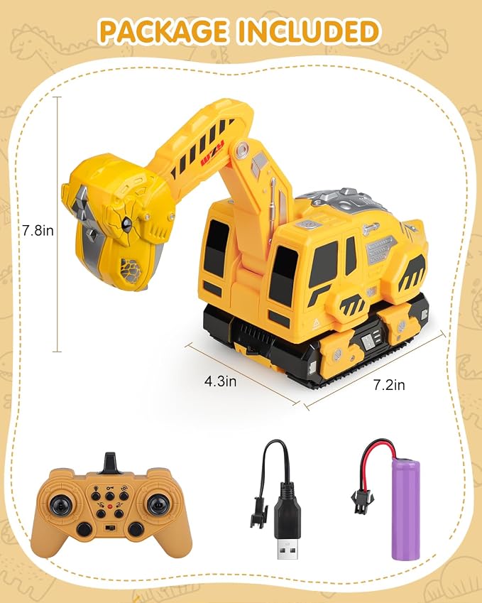 Remote Control Excavator Toys for Boys 4-7, Construction Trucks 2.4GHz RC Excavator with Light and Sound, Dinosaur Toys for Kids 3-5, Christmas Birthday Gifts for Kids (Yellow)