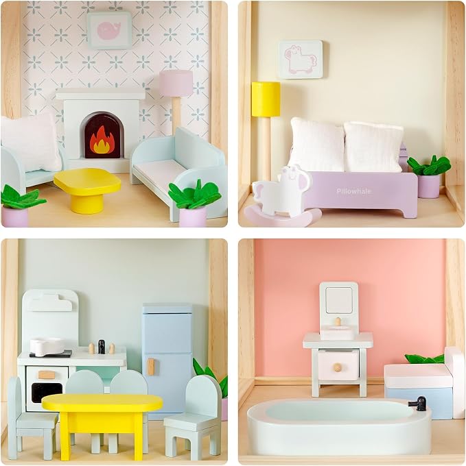 Pillowhale Wooden Dollhouse for Girls Age 3+ | 3-Story Doll House with 38 PCS Furniture, Movable Stairs & Adjustable Lights, Modern DIY Dollhouse Birthday Gift for Kids