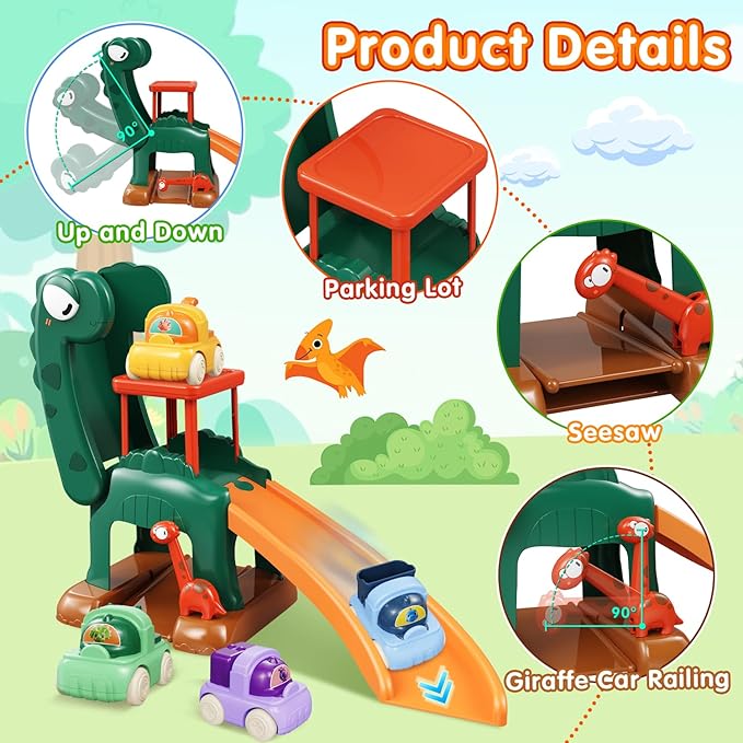 Dinosaur Car Ramp Slide Toy for Toddlers — 4 Push Cars with Race Track, Baby Slide Indoor Toy, Montessori Learning Birthday Gift for Boys Girls 1 2 3 Year Old (Green)
