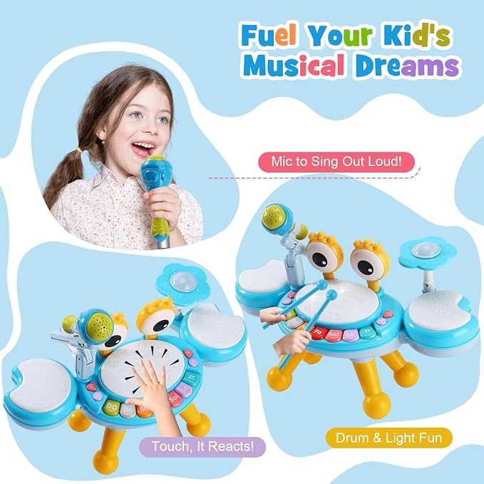 Resosese Toddler Drum Set for 1-3 Year Old, Baby Drum Set for Kids 1 2 3, Montessori Learning Toys with Light-Up Microphone, Birthday Gift for Baby Boys Girls 6 9 12 18 Months