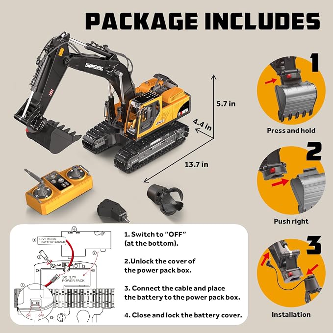 Remote Control Excavator Toys, 3-in-1 Metal Bucket/Claw/Drill, Turns 680° - Construction Toys with Lights/2 Recharge Batteries/Music, Christmas Birthday Gifts Mini RC Excavator Toys Boys for 3+