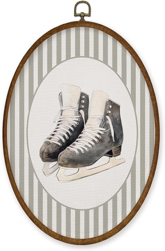 WULQYING Hockey Skates Sports Nursery Wall Art Decor, Boys Room Oval Framed Canvas Art Prints, Neutral Striped Sport Lover Gift Wall Hanging Decor for Kids Nursery Room Playroom, 8.5x11.3 Inches