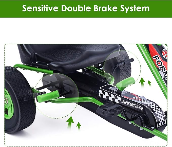 Costzon Go Kart for Kids, 4 Wheel Off-Road Pedal Go Cart w/Adjustable Seat, 2 Safety Brakes, EVA Rubber Tires, Ride-On Toys for Boys Girls, Outdoor Racer Pedal Car (Green, 40" L x 24''W x 24.5''H)