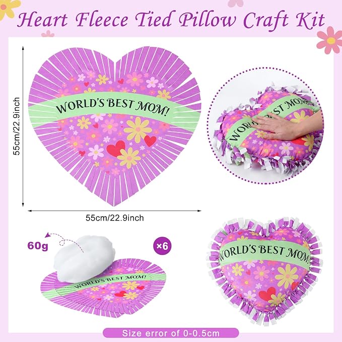 Weysat 6 Sets Mother's Day Heart Tied Pillow Craft Kit DIY World's Best Mom Pillow Craft Gifts with PP Cotton Flower Love Heart Cushion Covers for Love Grandma Wife Mother's Day Party Decor
