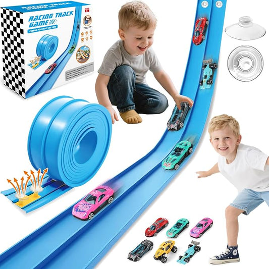 Gretex Flexible Race Track for Kids Ages 4-8: 15 Ft Flex Race Car Ramp Track With 6 Toy Cars Suction Cups, Portable DIY Racetrack Compatible With Diecast 1/64th Cars, Ideal Gift for Kids Toys Boys 3-5