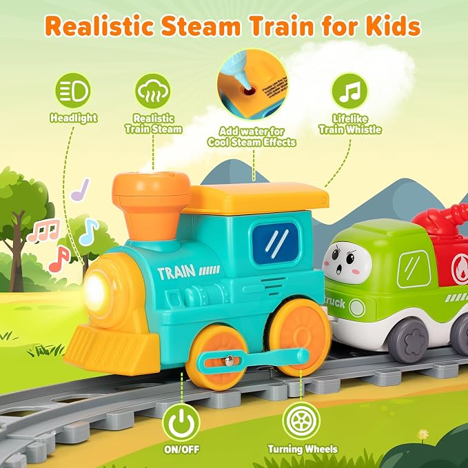 Electric Train Set for Toddlers, Realistic Steam Train Toys with Lights & Music for Kids, Magnetic Truck Toys for Toddler 1-3-5, Christmas Birthday Gifts for 1 2 3 4 5 Year Old Boys Girls