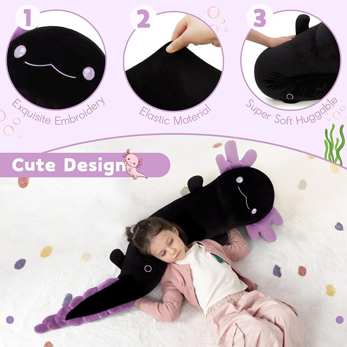 MaoGoLan Giant Axolotl Plush Pillow, Big Axolotl Plush Stuffed Animal Toy for Kid Girl Boy, Jumbo Stuffed Salamander Body Pillow Glow in The Dark, Birthday Day Gift Baby Shower Party Decor, Black