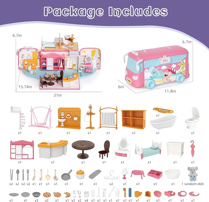 Dollhouse Playset, DIY Pretend Portable Caravan Camper Bus Toy Kit with Little Critters Bunny Dolls Mini Cottage House Set Camping Family Toys for Toddler 3 4 5 6 Year Old Girl