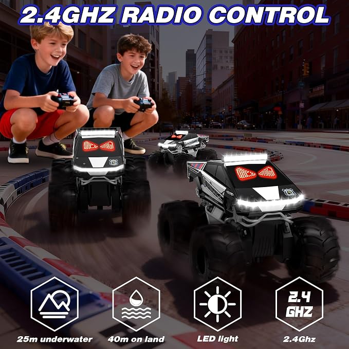 Police Remote Control Car with LED Dynamic Eyes, 1:18 Amphibious RC Cars, 4WD All Terrain Pickup, 2.4GHz Waterproof Cyber Truck, 360° Rotatable Monster Truck Toys for Boys Birthday Gifts Age 6 7 8 9+