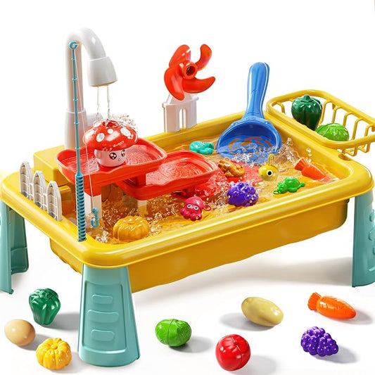 Kids Water Table Play Toy for Toddlers 1-3 4-8 Years Old, Kitchen Sink with Electrical Pump and Flowing Water, Fishing Games, Outside Sensory Gift Toys for Boys and Girls 2 3 4 5 6 7 8