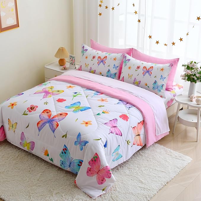 Wajade 7 Piece Butterfly Comforter Set for Girls Kids Cute Colorful Butterfly Flowers Floral Bedding Set Full Size with Sheet and 2 Pillowcases 2 Pillow Shams Bed in a Bag as Birthday Choice