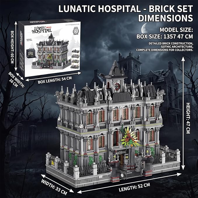 Lunatic Hospital Building Blocks Set, Gothic Architecture Model with LED Lights, Collectible Display Kit for Adults, 7537 Pieces Challenging Construction Toy for Halloween Decor
