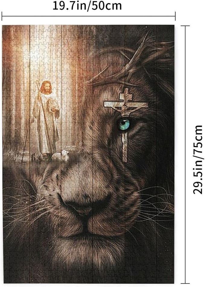 Jesus Awesome Lamb Lion and Cross On His Eye Jigsaw Puzzle 1000 Piece Wooden Puzzle Family Decorations, Unique Present Suitable for Children and Adults