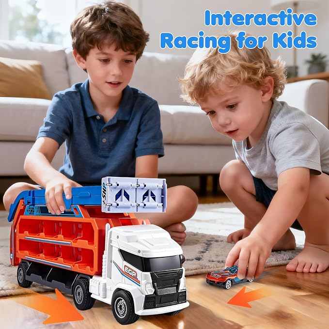 Race Track Truck Toys for 3 4 5 6 Years Old Kids - Carrier Truck Transport Car with 6 Die-Cast Cars Toys, 4-In-1 Truck with 2 Foldable Race Tracks, Christmas Birthday Gifts Toy for Toddler Boys, White