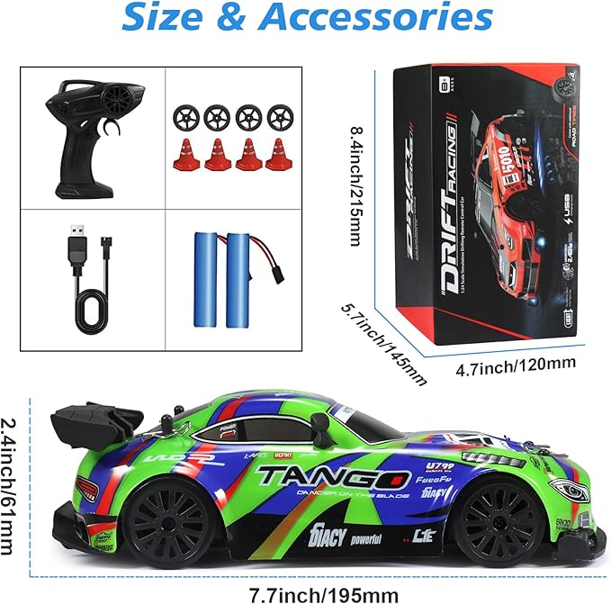 Drift RC Car for Electric Toy Car Hobby Racing Car Toys with Controller,1:24 4WD High Speed RC Drift Cars with LED Lights,Extra Drifting Tires＆Two Batteries,Racing Sport Toy,Vehicle for Adults＆Kids