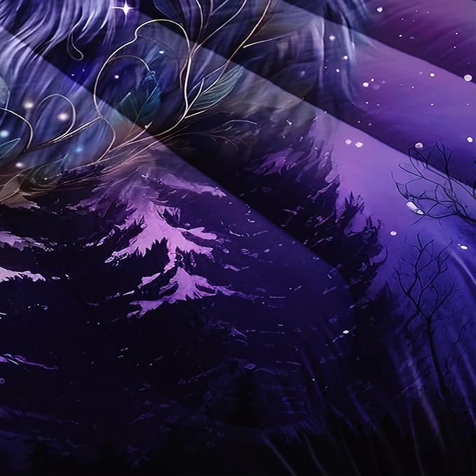 AILONEN Purple Galaxy Wolf Comforter Set - 3-Piece Twin Size Mystical Animal Starry Night Bedding for Room Decor, 2 Pillowcaases