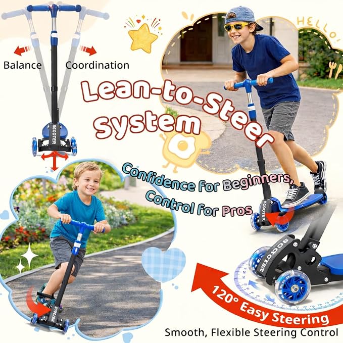 Kick Scooters for Kids 5-7 8-12,Lean to Steer,Three Wheeled Light Up,28"-32" Adjustable Handlebar,Widen Anti-Slip Deck,Floor Push Scooter for Boys Girls Ages 6-12 3-4 Old,Foldable for Travel