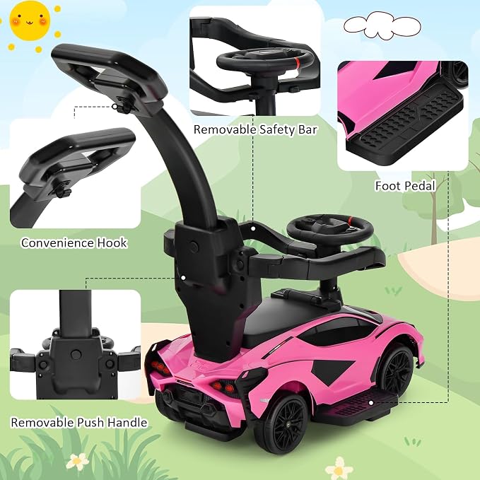 INFANS 3 in 1 Ride on Push Car, Licensed Lamborghini Baby Stroller Sliding Walking Car with Parent Control Handle, Music, Headlight, Under Seat Storage, Kids Foot-to-Floor Toy for 18-60 Months (Pink)