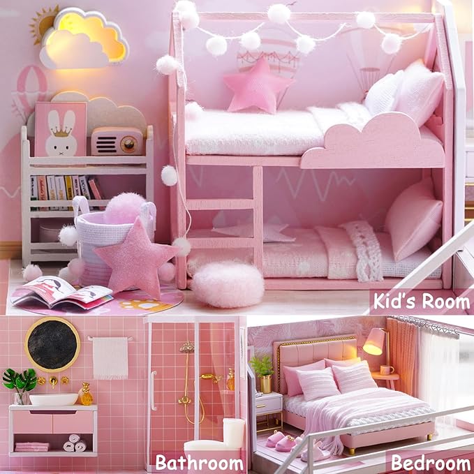 TuKIIE DIY Miniature Dollhouse Kit with Furniture, 1:24 Scale Creative Room Mini Wooden Doll House Accessories Plus Dust Proof & Music Movement for Kids Teens Adults(Meeting Your Sweet)