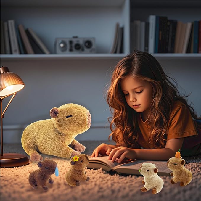 Capybara Plush，Cute Capybara Mommy Stuffed Animal with 4 Baby Capybara Plushies in Tummy，Kawaii Capybara Plush Toy Gift for Kids Girls Boys
