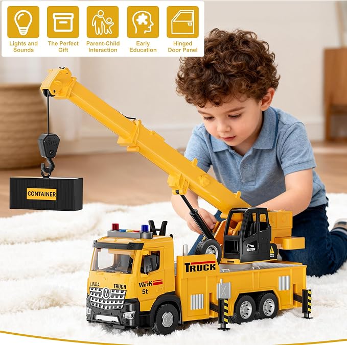 Mobile Crane Tow Truck Toy for Logging Farm Port Shipyard Building Bridge Construction Vehicles Engine Machine City Gravity Lifting Arm Kids Boys Age 3-5 4-7 Years Old Christmas Birthday Easter Gifts