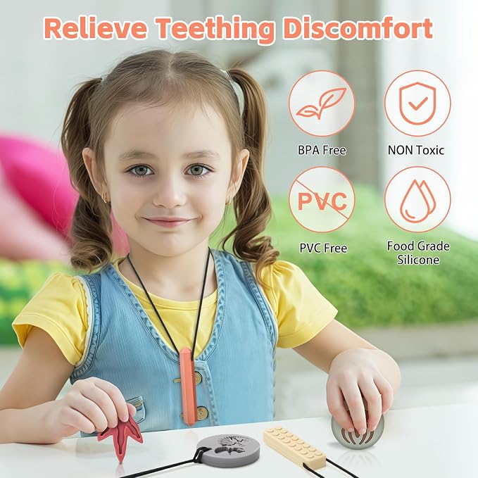 Chew Sensory Necklace Toys for Autism, Silicone Chewy Teether for Kids with ADHD, SPD, Chewing, Oral Motor Therapy Sensory Toys