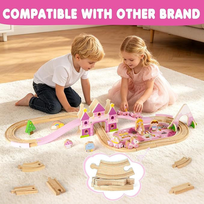 Wooden Train Set for Toddlers 3-5, 40PCS Pink Princess Castle Wooden Train Track Set with Fairies, Girl Toys Age 3-6 Birthday Gift for 3 4 5 Year Old Girls